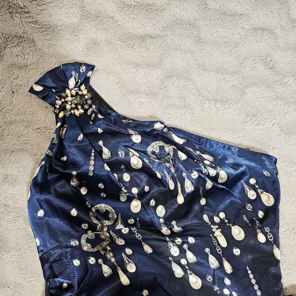 David Meister Blue Pearl Satin One Shoulder Sheath Cocktail Dress Jewel Print 6 - Picture 10 of 15